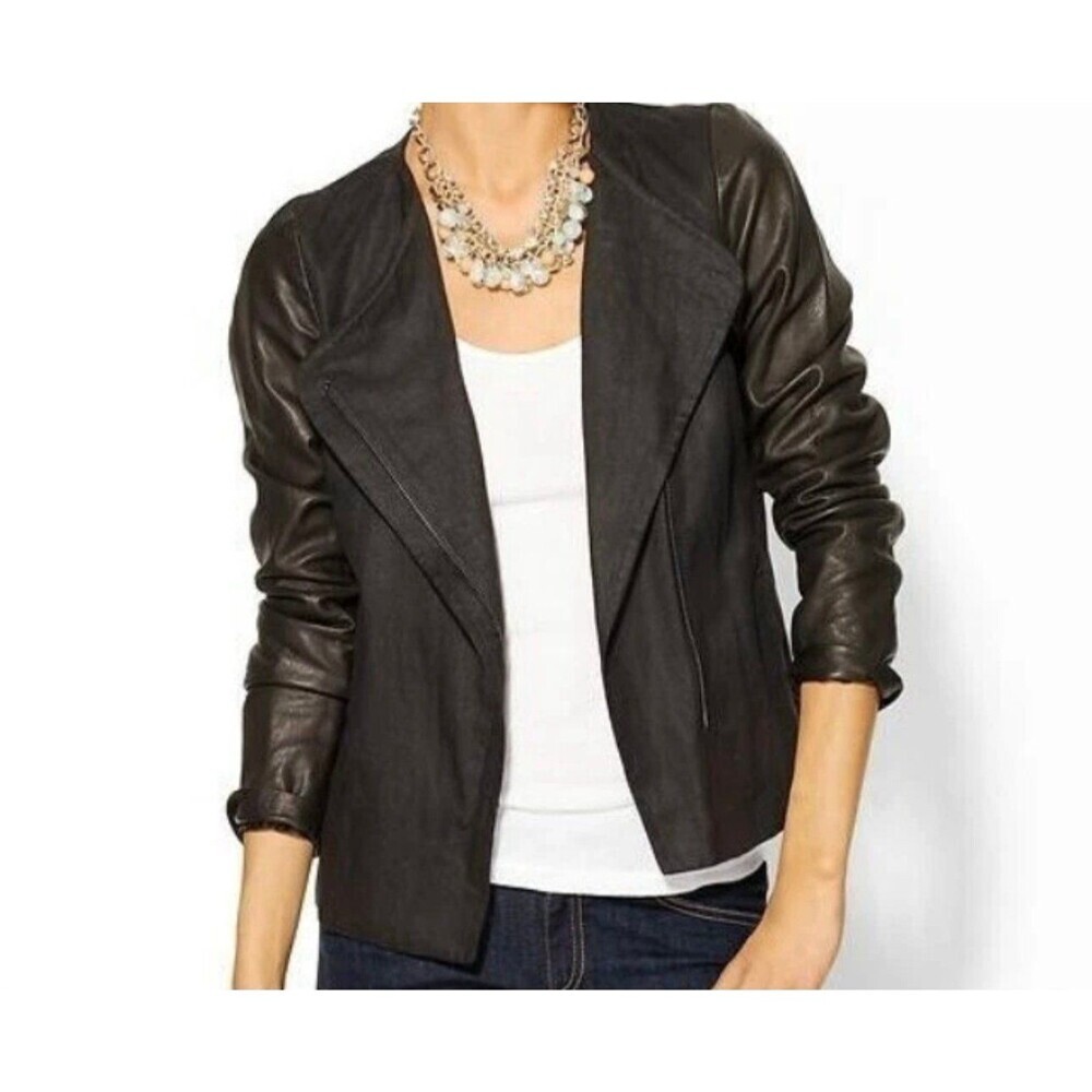 VINCE BLACK ASYMMETRICAL LEATHER LINEN JACKET SIZE 4